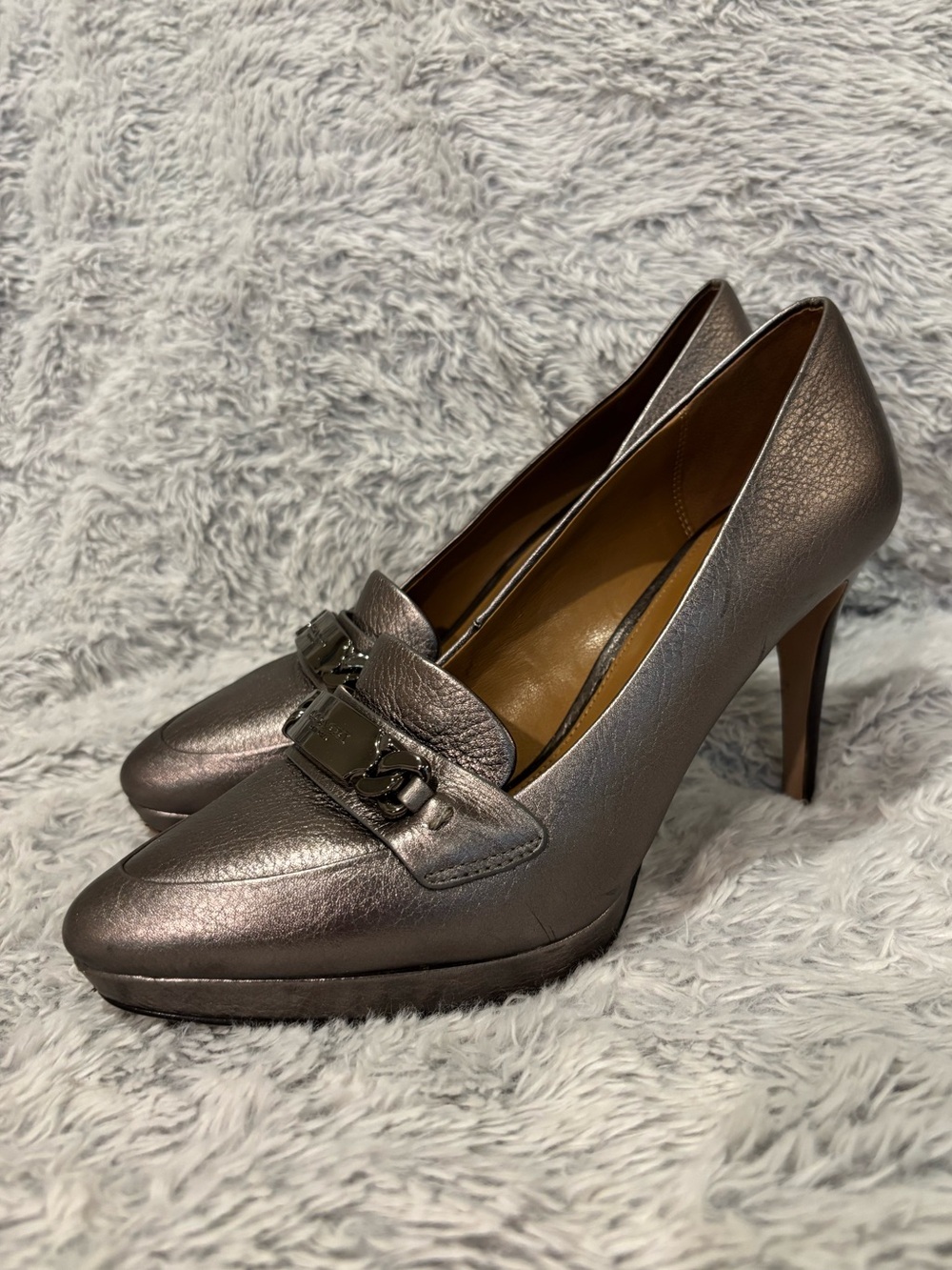 Coach Metallic Silver Leather Platform Loafers Pump With Silver Logo Size 7.5
